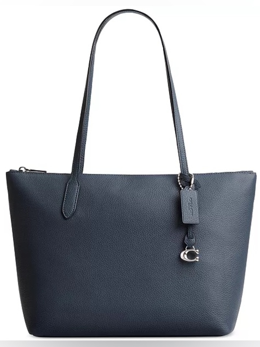 Coach Navy Pebbled Leather Tote with Silver Charm